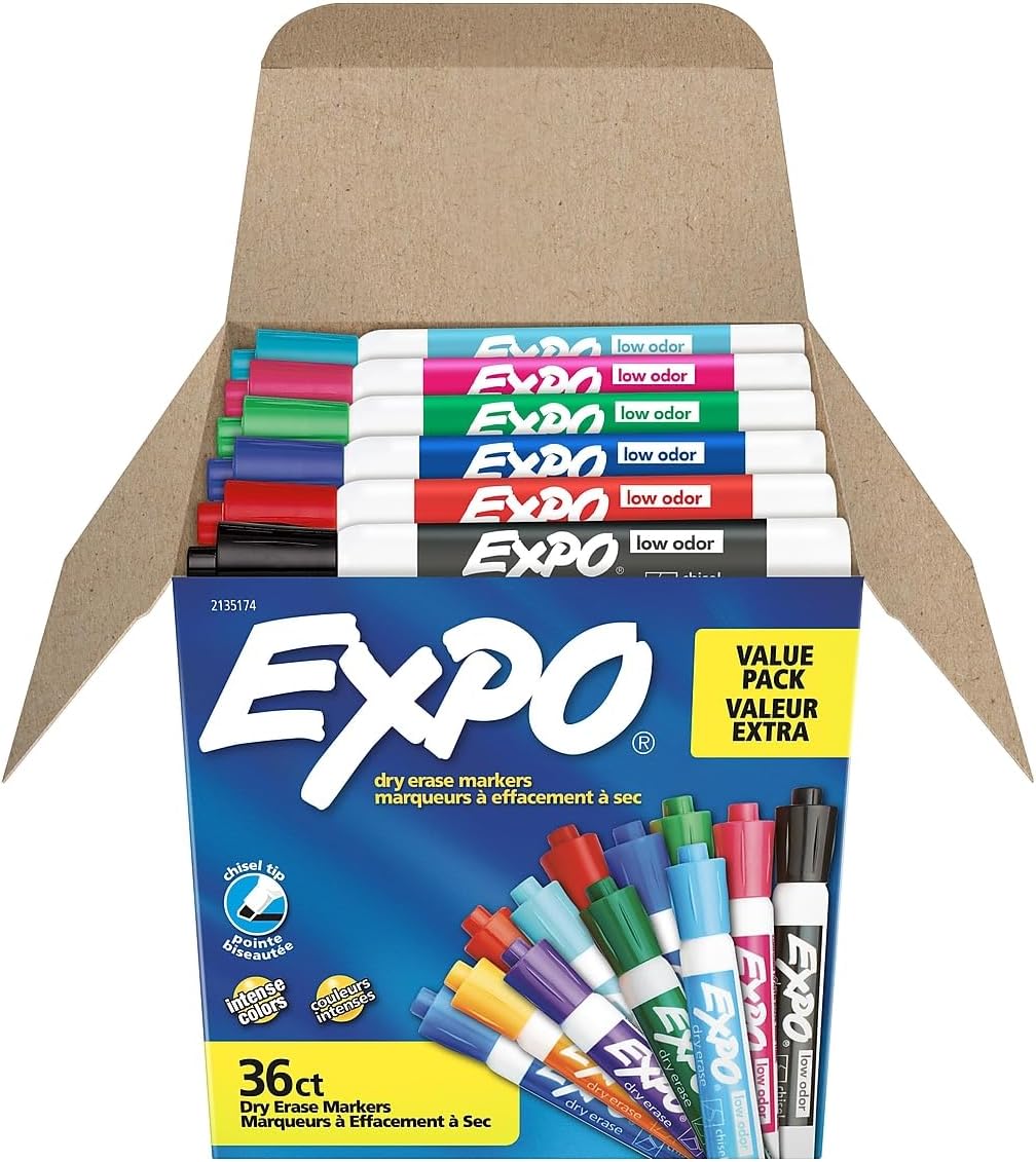 EXPO Low Odor Dry Erase Markers Chisel Tip Assorted Fashion Colors 36 Count for Classroom Office & Home Use