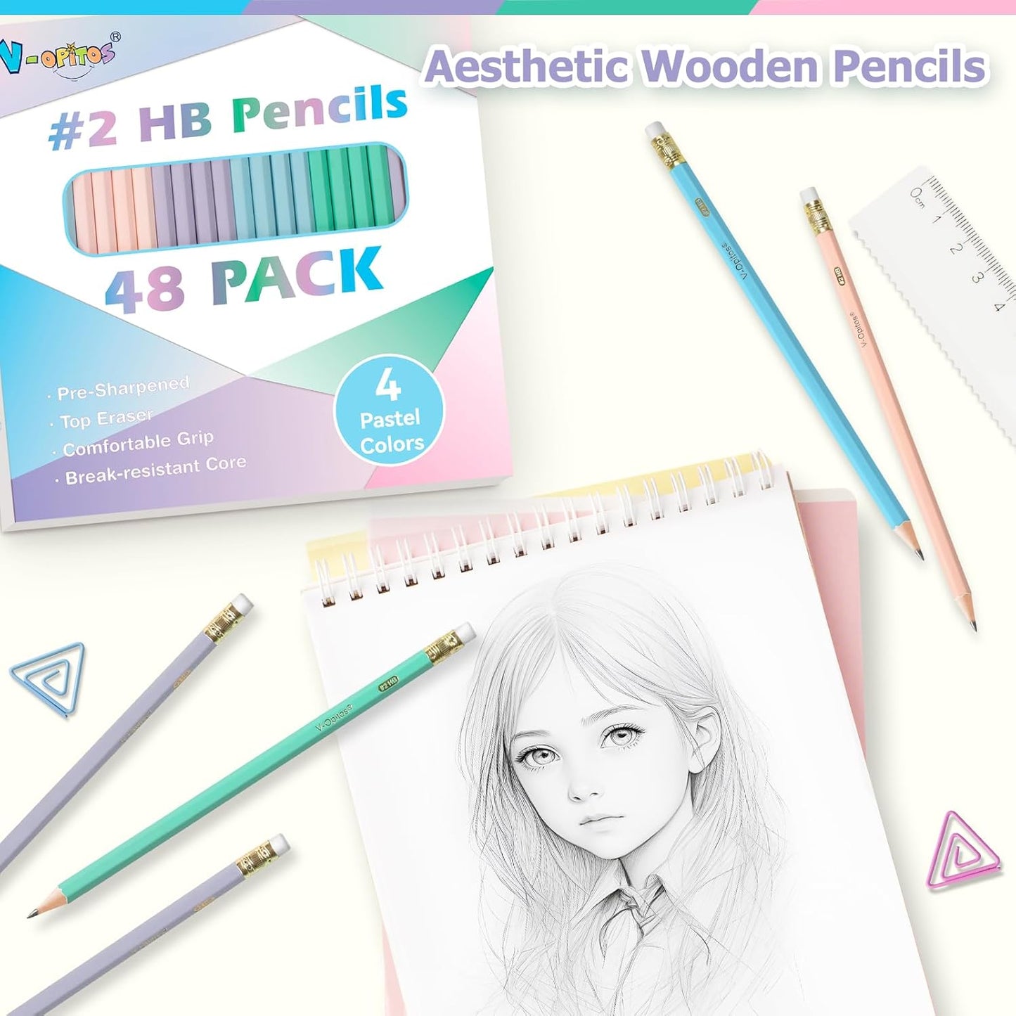 V-Opitos Wood-Cased #2 HB Pencils, 48 Pack Pre-Sharpened Pencils with Top Erasers, Bulk Pastel Color Pencils for School Teacher Supplies, Writing, Drawing and Sketching