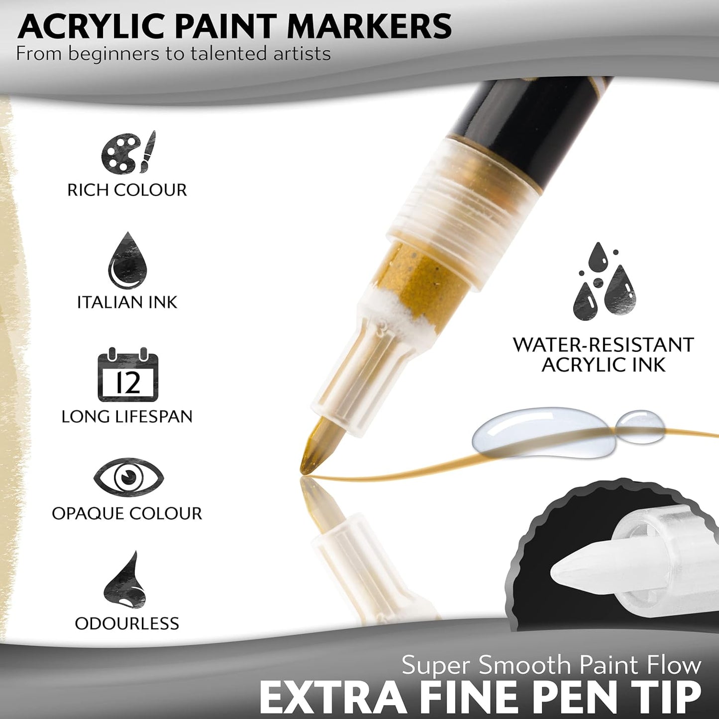 Stylo 8 Count Acrylic Metallic Pens - Gold Paint Pens - Fine Tip Permanent Acrylic Metallic Paint Markers for Rock Painting, Glass, Wood, Ideal for Arts and Crafts (Pack of 8, Gold)