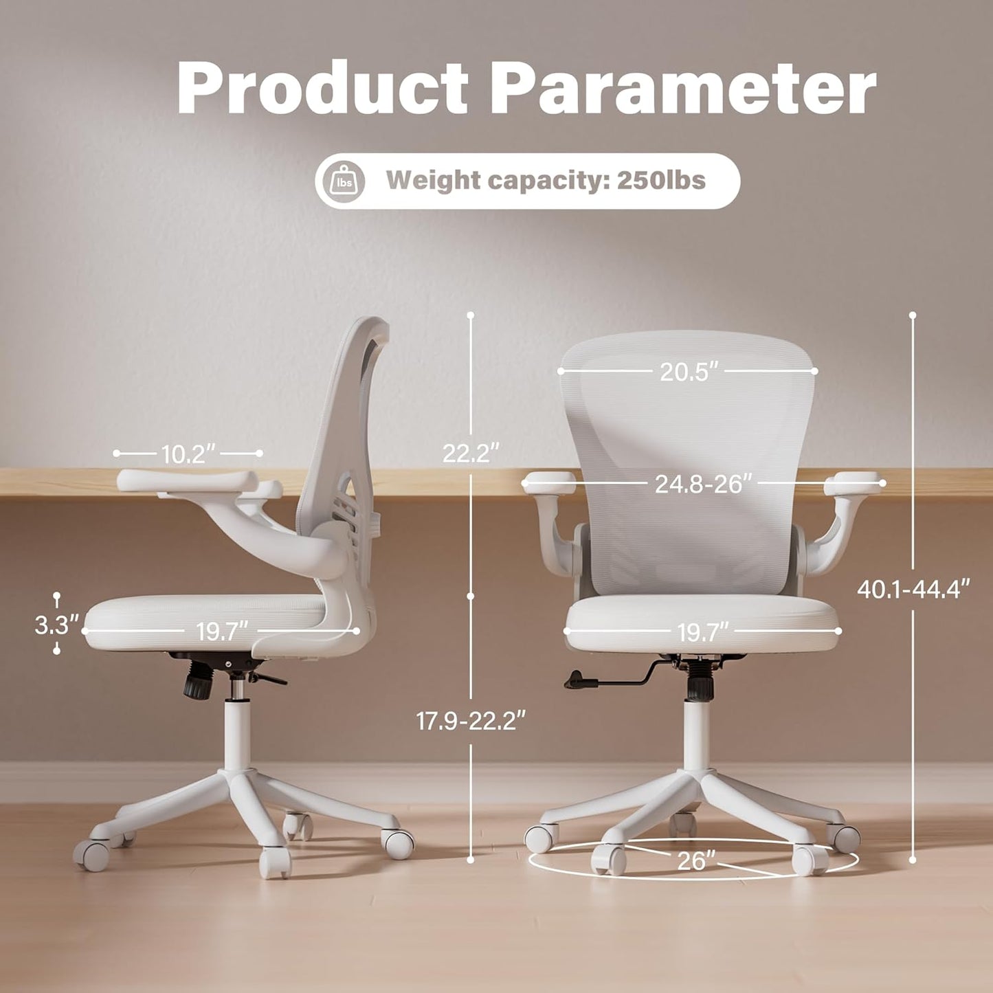 GYI Computer Desk Chair, Ergonomic Office Desk Chairs with Mesh Back, Adjustable Lumbar Support, Height, 3D Flip-up Arms, Wheels, Rocking Function (All White)