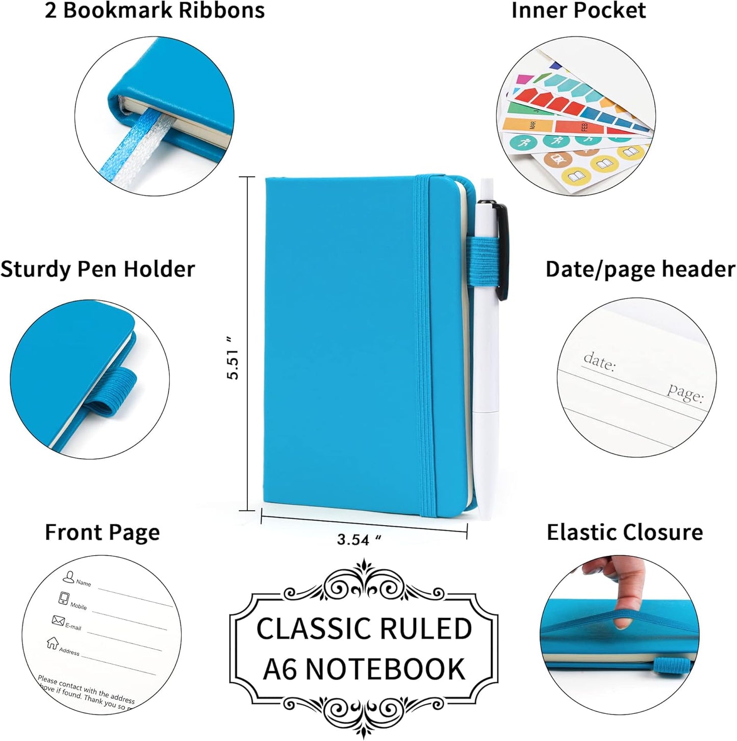 feela 6 Pack Pocket Mini Notebooks Bulk, Small Cute Memo Notepads Hardcover College Ruled Lined Journals with Pen Holder for School Business Work, with 6 Black Pens, 3.5”x 5.5”, A6, Teal