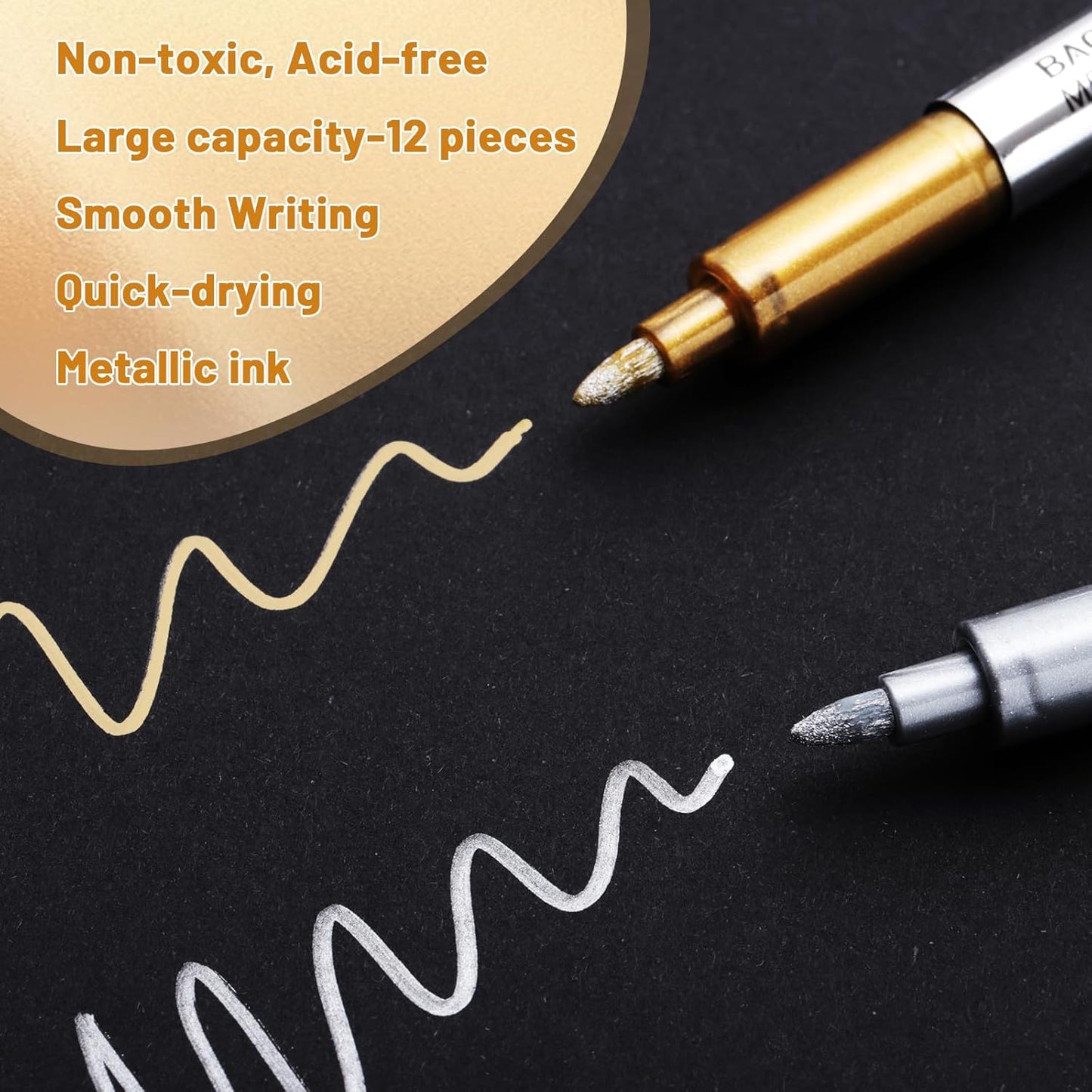 12 Pack Metallic Markers Pens, Water Based Silver & Gold Paint Pens, Gold & Silver Ink Pen with Durable Fine Point Tip for Black Paper, Rock Painting, Halloween Card Making, Multi Surface Art Crafts