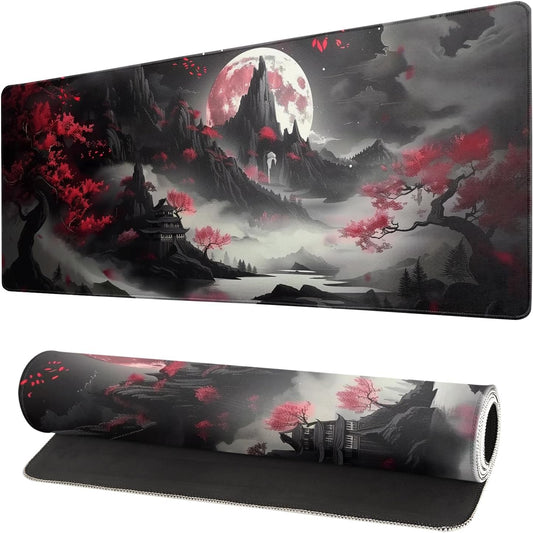 Japanese Desk Mat Red Full Moon Desk Pad Black Riverside Large Mouse Pad Gaming Mousepad Extended XL Keyboard Pad 31.5 x 11.8 in Laptop Computer Mouse Keyboard Mat for Office Desk Decor