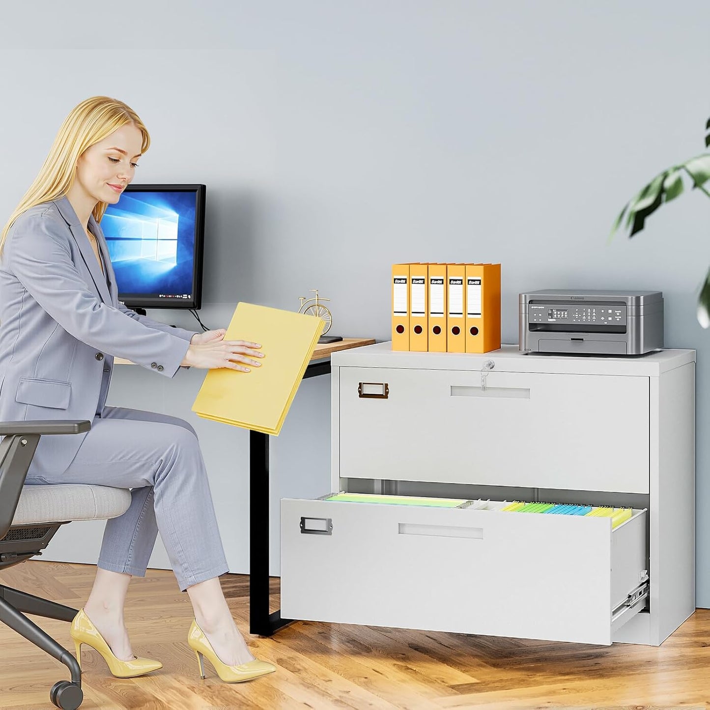 2 Drawer File Cabinets for Home Office, Metal Filing Cabinet with Lock, White Locking File Caninet Two Drawer, Office Storage Caninets Steel Cabnet for Letter/Legal/A4/F4-Assembly Required