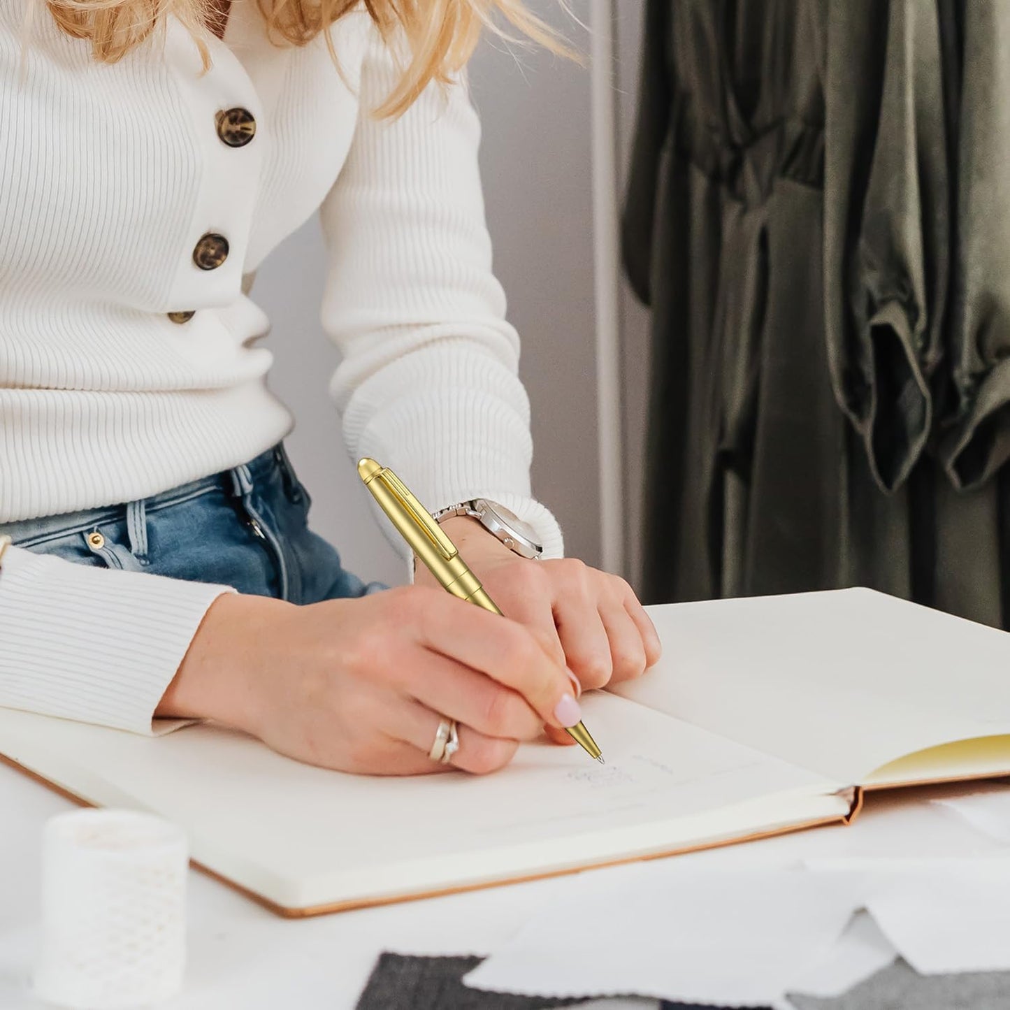 5 PCS Silver Ballpoint Pens with Extra Refills Set, 1mm Medium Point Black Ink, Great Smooth Writing Metal Pen for Business Office Teacher Student Wedding Guest Gift (Gold Trim)