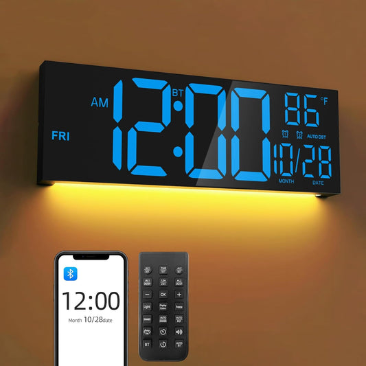 16.5" Large LED Wall Clock with Bluetooth Sync, Night Light, DST, 2 Alarms, RGB Color, Temperature, Remote Control, 12/24H, Timer for Living Room, Bedroom, Desk, Gift for Mother Father Elderly