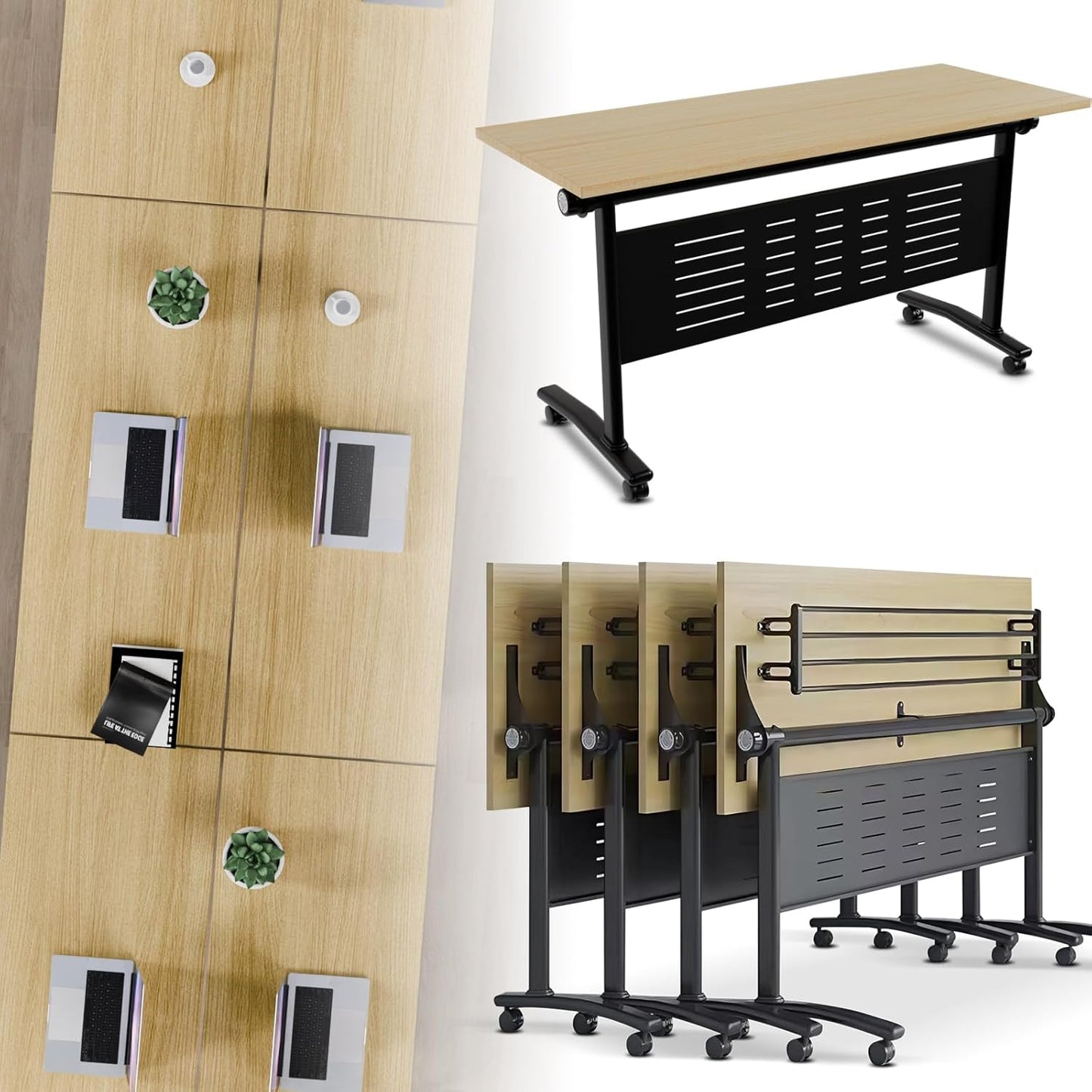 Folding Conference Room Table, Modern Conference Tables with Wheels, Large Rectangular Mobile Training Tables for Office Classroom, Foldable Modular Boardroom Seminar Table Maple (4pack L55.1in)