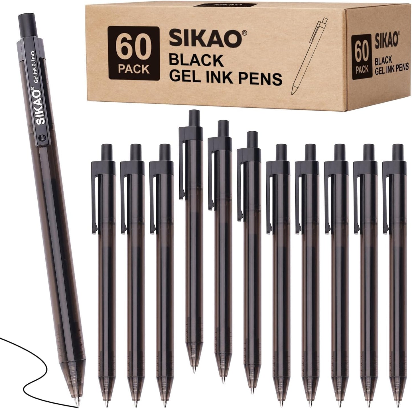 Black Gel Pens Bulk, Fine Point Smooth Writing No Smudge, 0.7mm Ink, Retractable Rollerball, Server, Office Lapiceros (60 Pack)