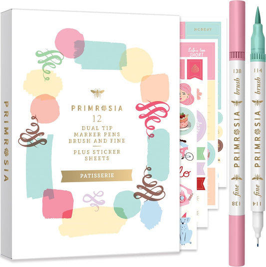 Primrosia 12 Dual Tip Watercolor Marker Pens - Fine Tip & Brush Tips, Professional Quality, 4 x Sticker Sheets, Blendable, Non-Toxic, Perfect for Calligraphy, Drawing & Coloring. (Patisserie)