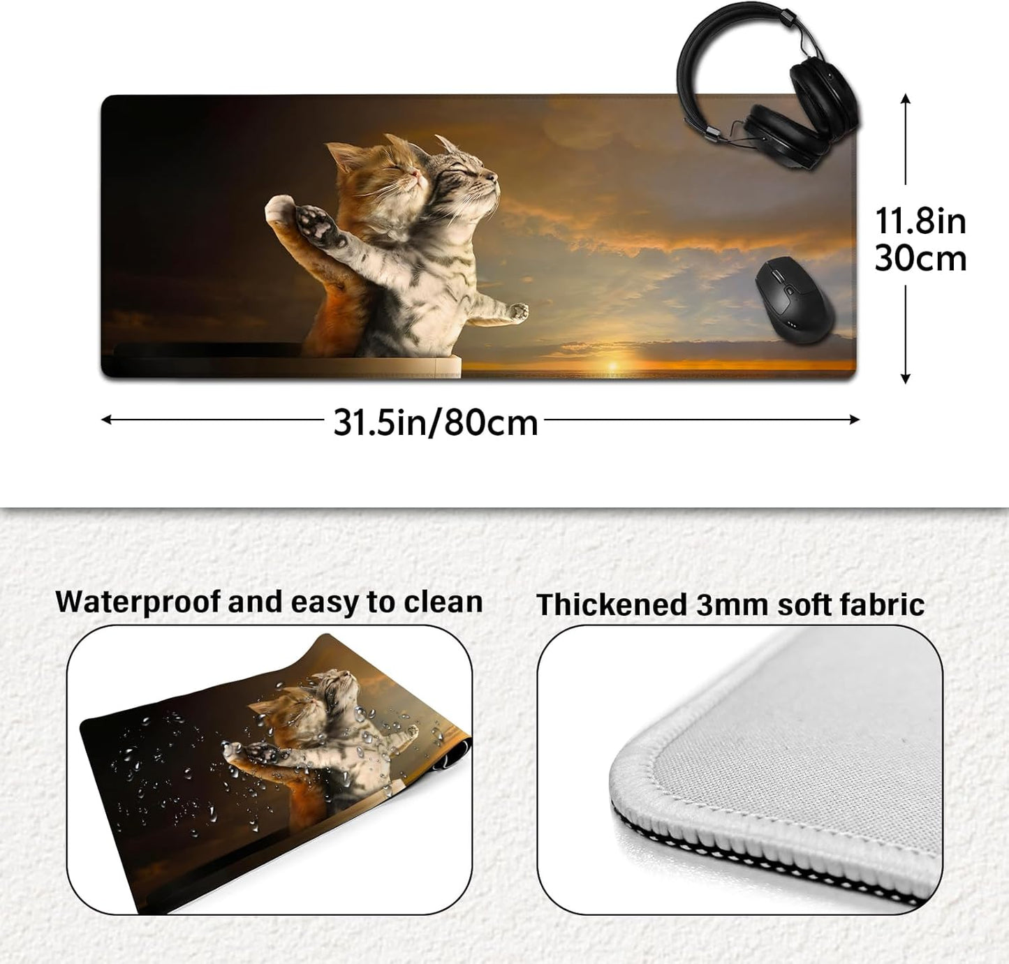Titanic Funny Cat Mouse Pad with Sunset Scene - Large Non-Slip Desk Mat for Office, PC & Laptop - 31.5"x11.8" x 3mm