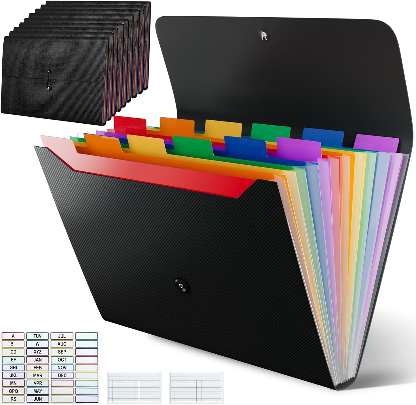 10 Pack Accordion File Organizer with Labels, 13 Pockets Expending File Folder, Binder for Document Storage, Classroom, Office, Home Use, Black