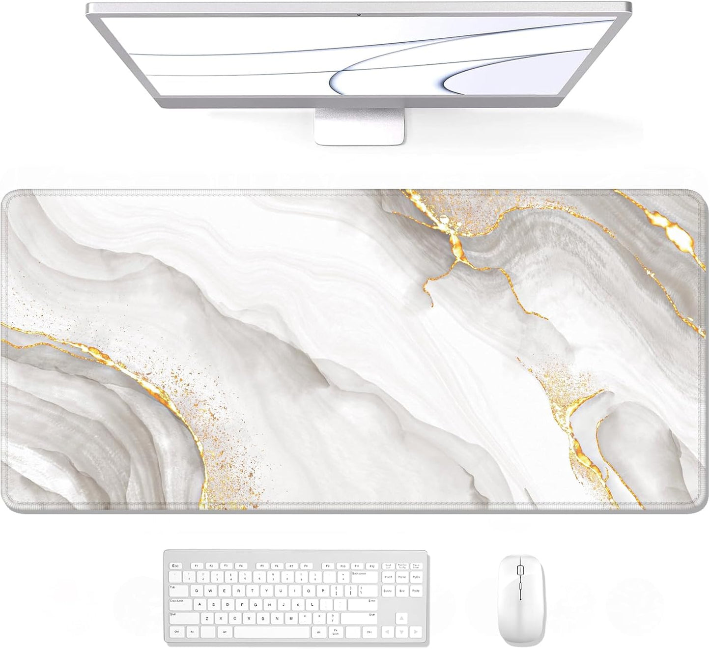 Auhoahsil Large Mouse Pad, XXL Gaming Mousepad, Desk Mat for Desktop, Thick Rubber, Big & Long Size, Stitched Edges, Full Desk Pad for Laptop & Computer, Extended 35.4 x 15.7 in, Gold Gray Marble