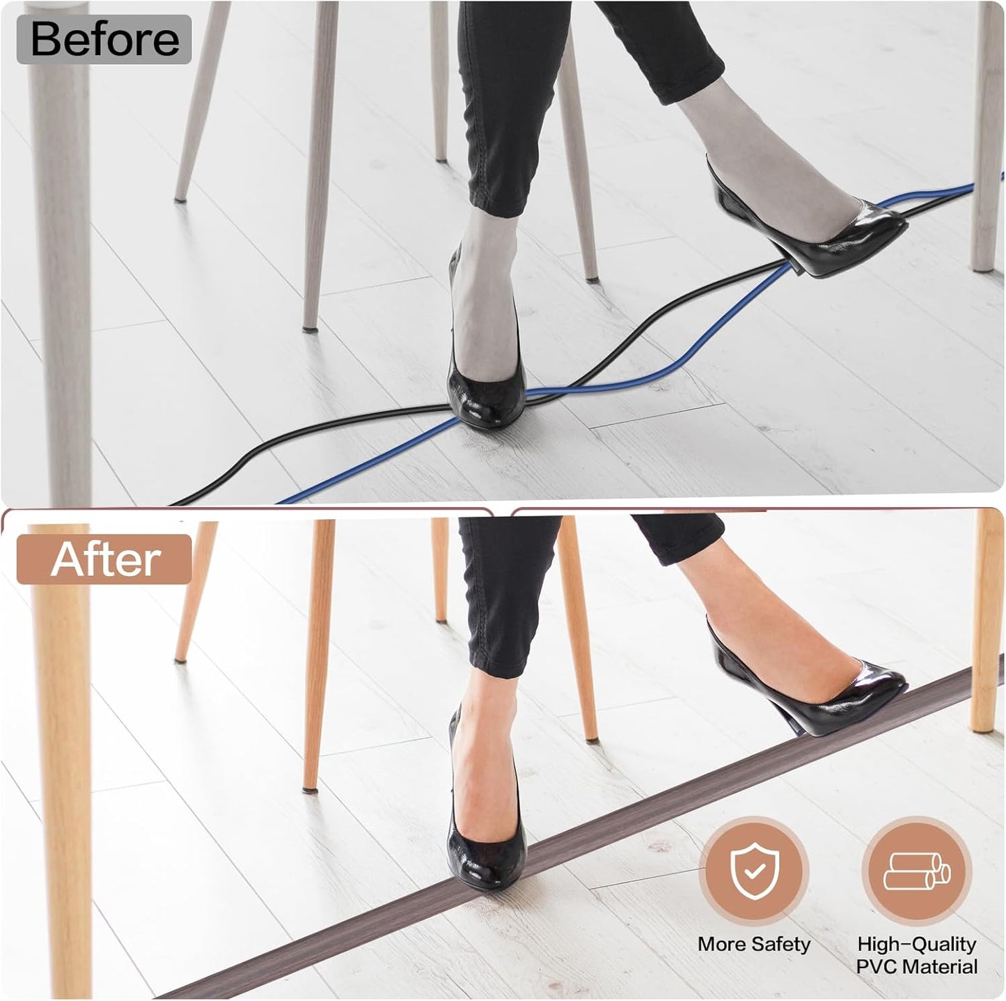 Floor Cord Cover Self Adhesive Cord Hider Floor Extension Cord Covers for Floor Power Cord Protector Cable Management Prevent Cable Trips Cable Cavity 0.51" W x 0.31" H (Brown Walnut Wood, 10Ft)