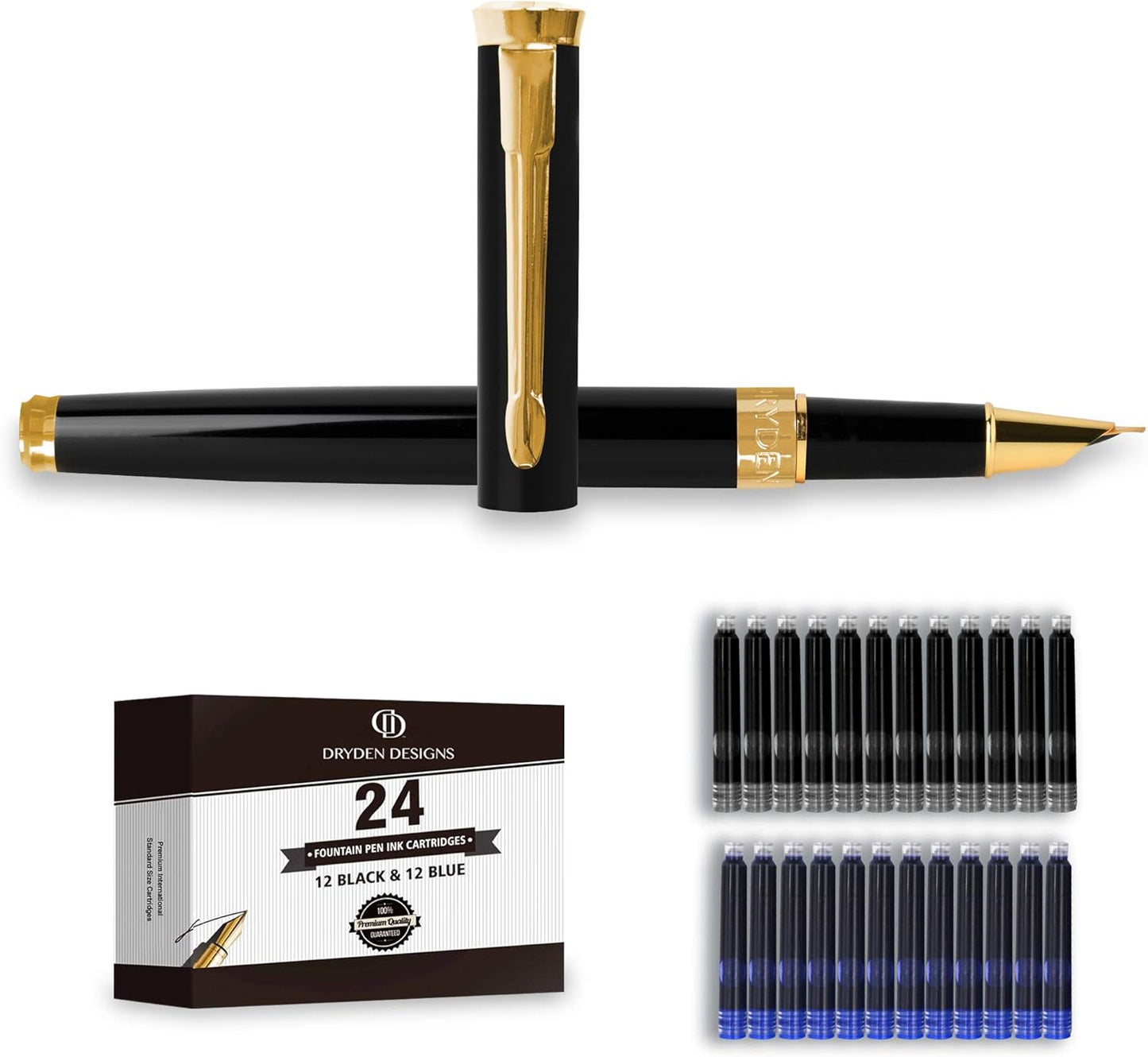 Dryden Designs Fine Nib Fountain Pen - Includes 24 Ink Cartridges - 12 Black and 12 Blue - Black - Smooth Elegant Writing with Fine Nib and Ink Converters