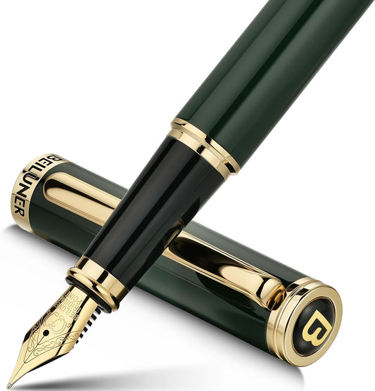 BEILUNER British Racing Green Fountain Pen,Stunning Luxury Pens with 24K Gold Accents, Gorgeous 24K Gilded Nib(Fine), Ink Converter,Fancy Pen Gift for Men&Women-Smooth, Office, Nice for Writing