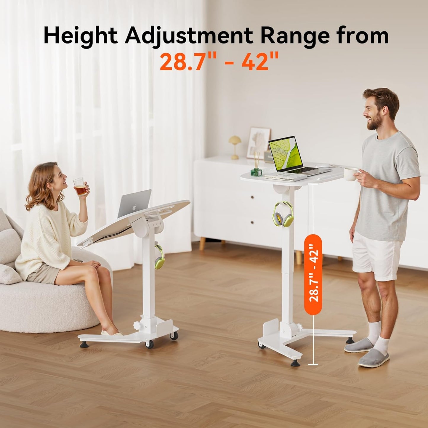 Foldable Pneumatic Height Adjustable Mobile Standing Desk with 90° Tiltable Tabletop, 27.2x18.9 Inch Portable Laptop Desk with Wheels, Holds Up to 66.1lbs for Home Office, Study, White