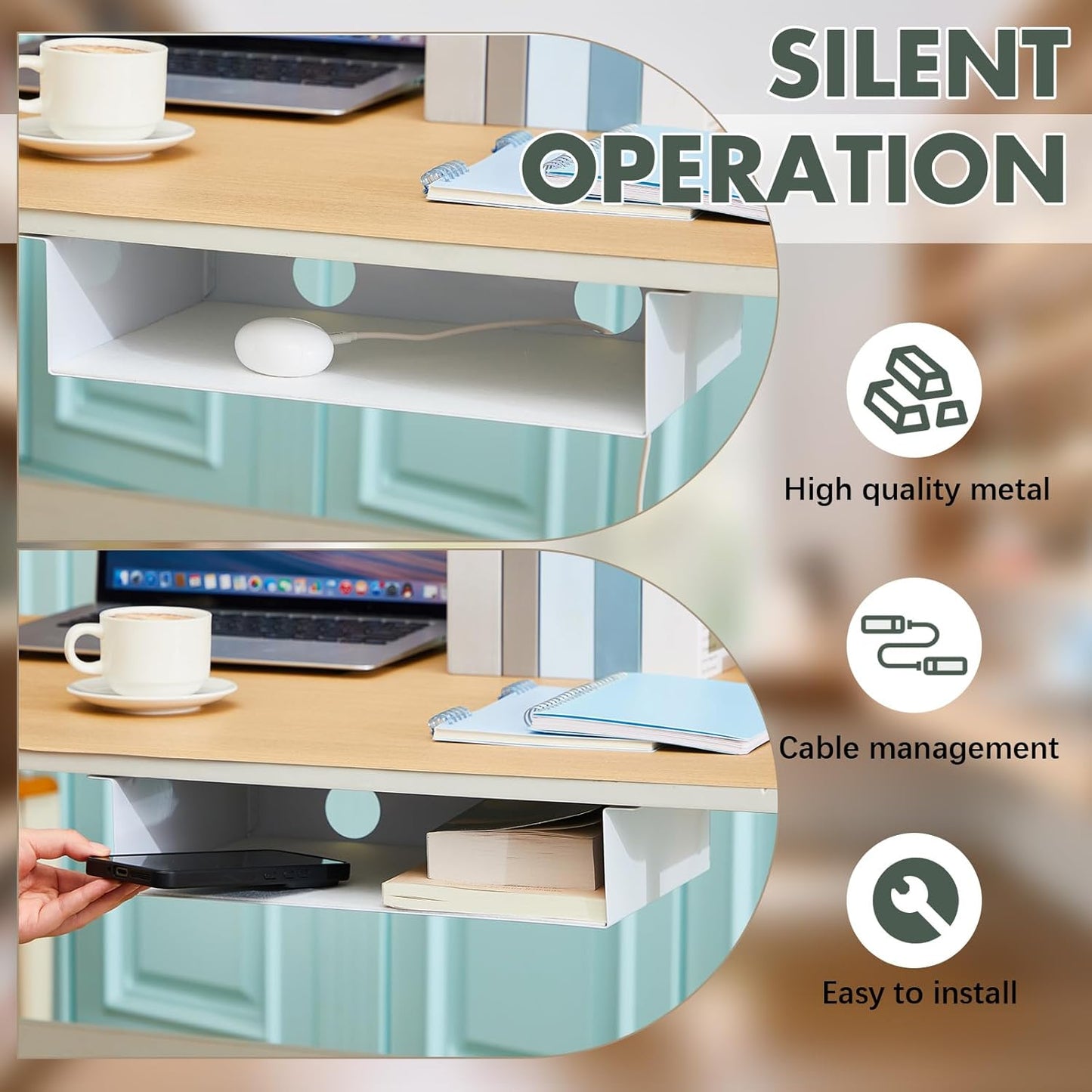 2 Pack Under Desk Storage Shelf, Carbon Steel Tray with Mute Felt Sheets, Mount Shelf Organizer for Office Home Workstation Gaming Stand Up Desk, 13x8x2.8 in(White)