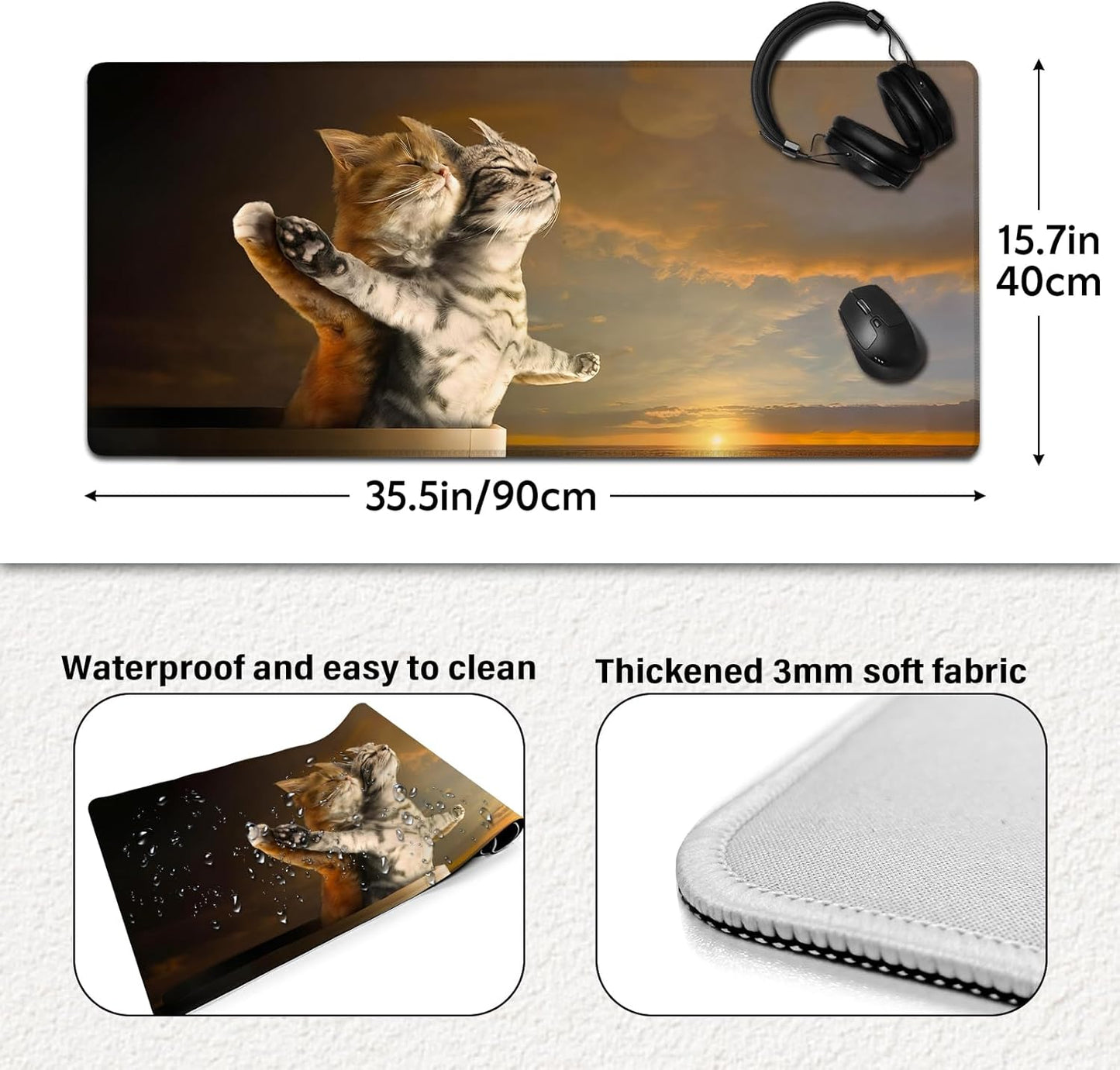 Titanic Funny Cat Mouse Pad with Sunset Scene - Large Non-Slip Desk Mat for Office, PC & Laptop - 35.5"x15.7" x 3mm