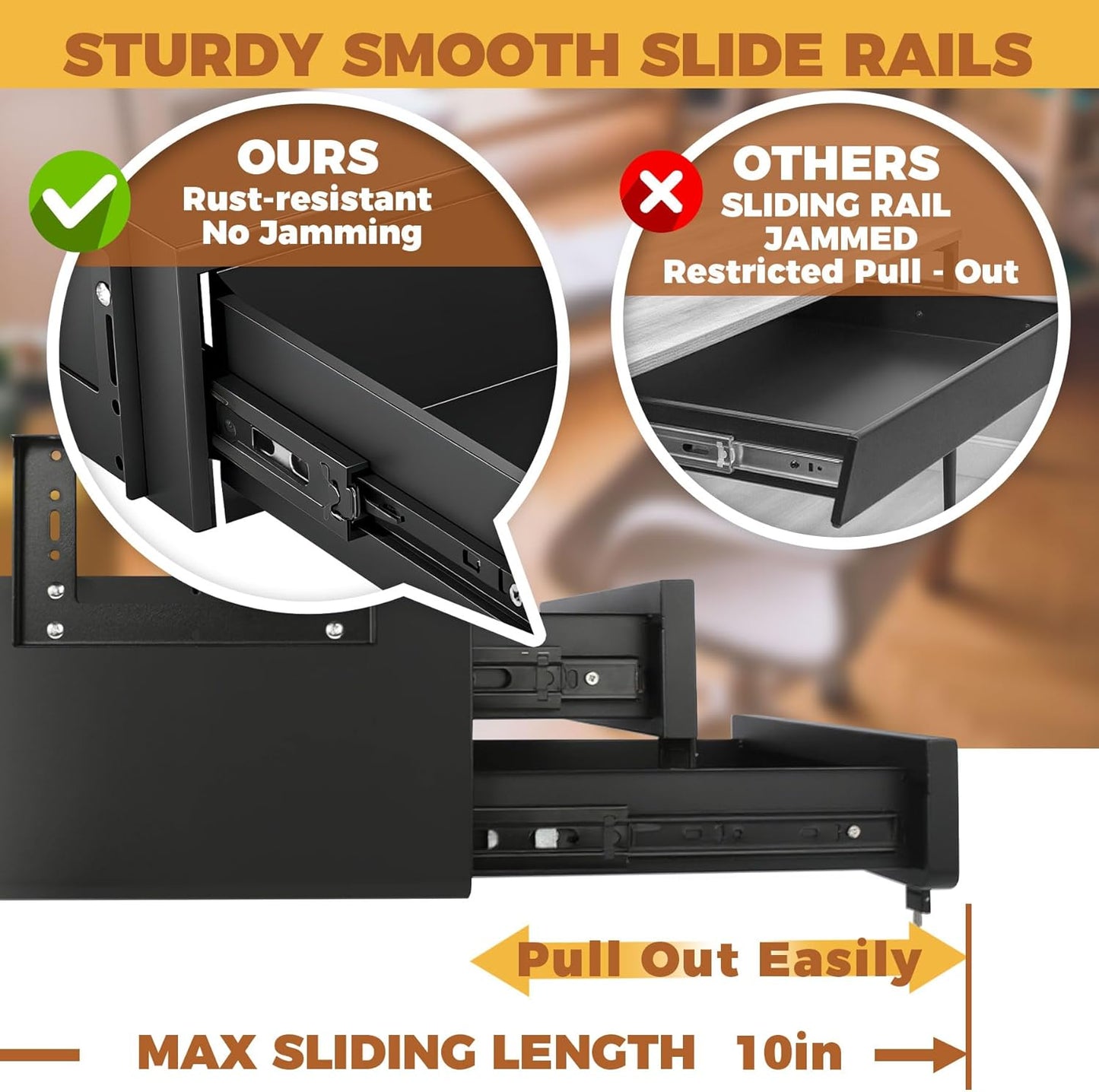 14 In Double Under Desk Drawer,Under Desk Pull Out Drawer with Lock and Keys,Adjustable Height, Metal Storage Drawer with Slide Extension Mounted Under Flat Wooden Table or Workbench, Black