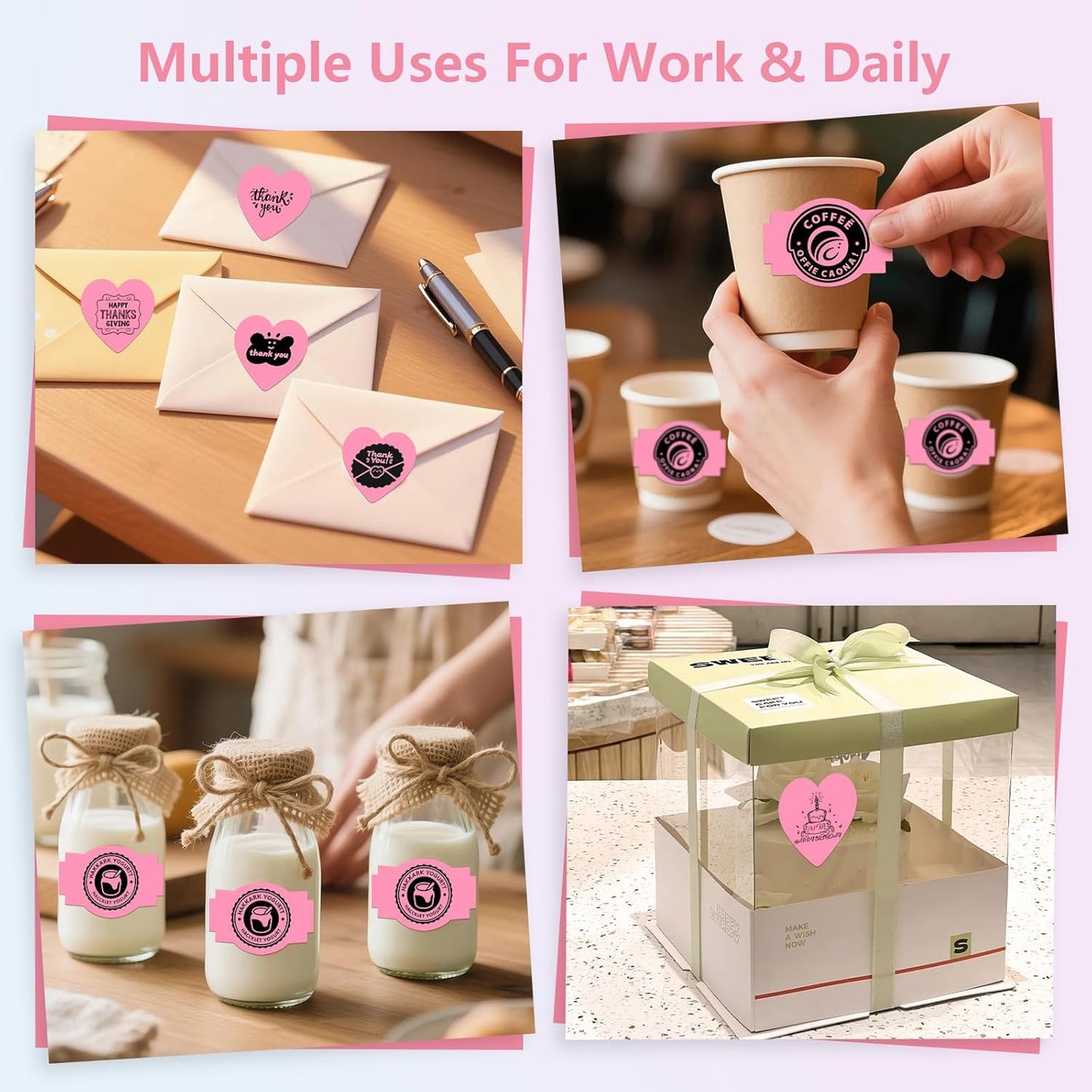 2 Rolls Pink Thermal Labels Personalized & Business Customized Label Stickers for Phomemo 241BT for MUNBYN 130B/RW402B Printers, 600Pcs Waterproof Shipping Label Sheet for Logo/Name/Thanks