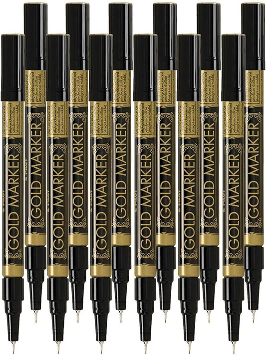 Metallic Permanent Paint Markers, Gold, Extra Fine Point (0.5mm), 12 Count, Bundle with Plastic Reusable Pouch