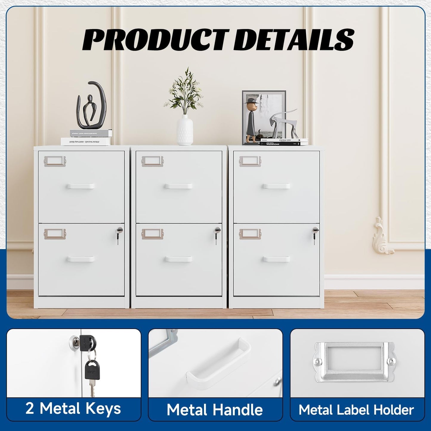 2 Drawers File Cabinet White Metal Vertical Filing Cabinets Metal Lockable Storage Cabinets with Lock for Home Office to Hanging Files