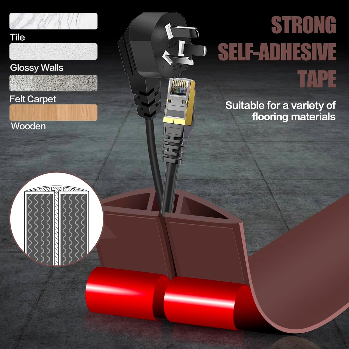 Floor Cord Cover Self Adhesive Cord Hider,3.3FT Cable Management, Extension Strip Protector for Wires, Prevent Cable Trips for Offices, Gyms, Exhibitions Cavity:0.3"(W) x 0.28"(H) Coffee