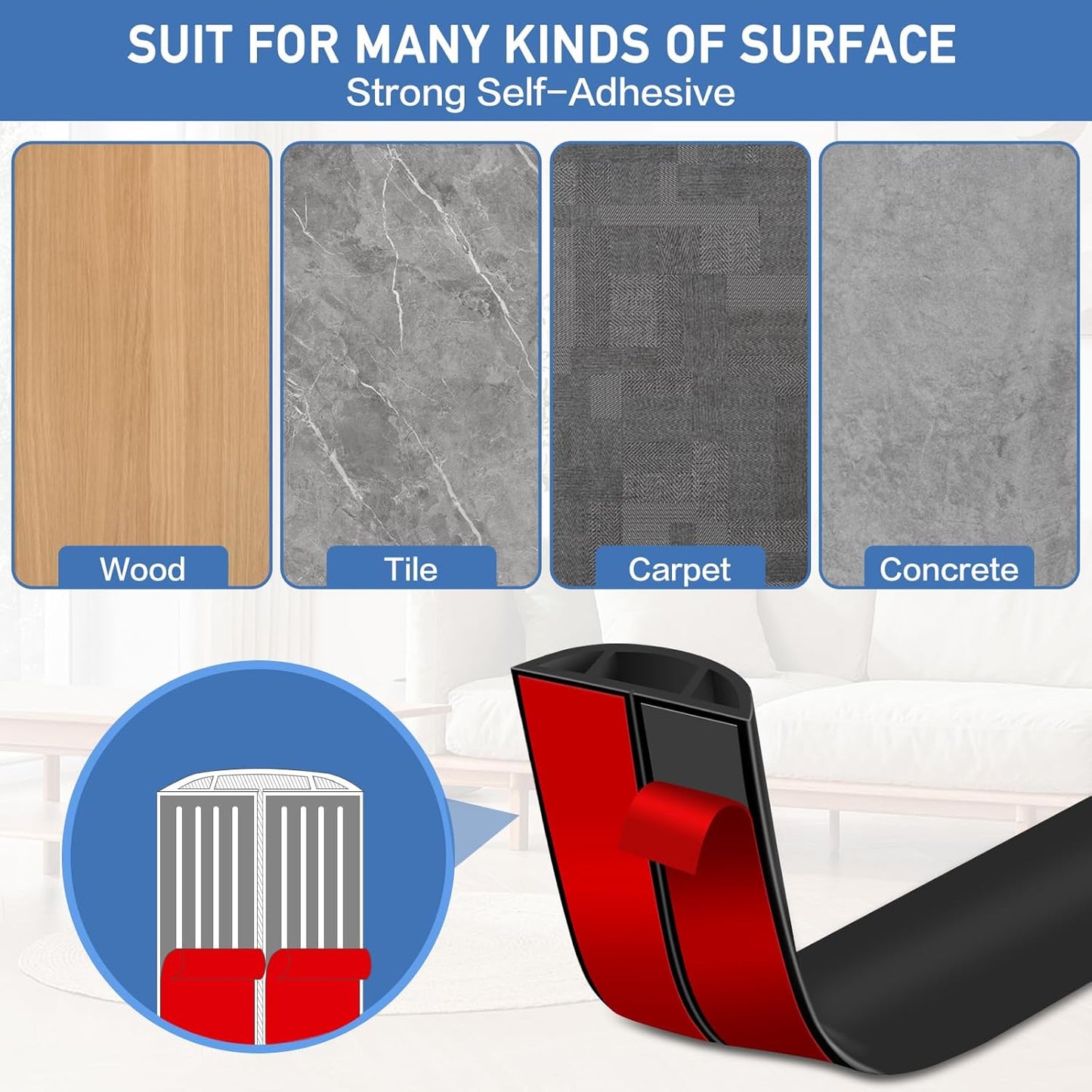 Floor Cord Cover Self Adhesive Cord Hider Floor Extension Cord Covers for Floor Power Cord Protector Cable Management Prevent Cable Trips Cable Cavity 0.47" W x 0.27" H (Black, 10Ft)