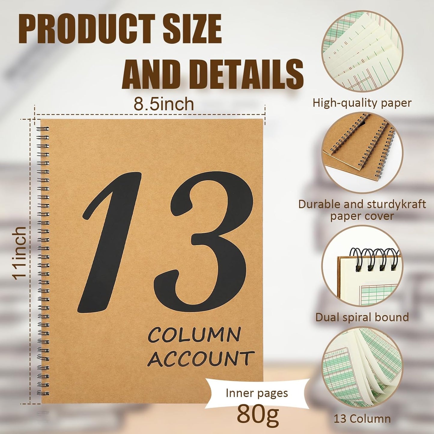 13 Column Ledger Book 8.5 * 11inch Account Book Notebook Columnar Pad Columnar Pad 13 Columns Premium Analysis Pad Kraft Paper Cover 100 Pages for Personal Use Small Business(50 Sheet)