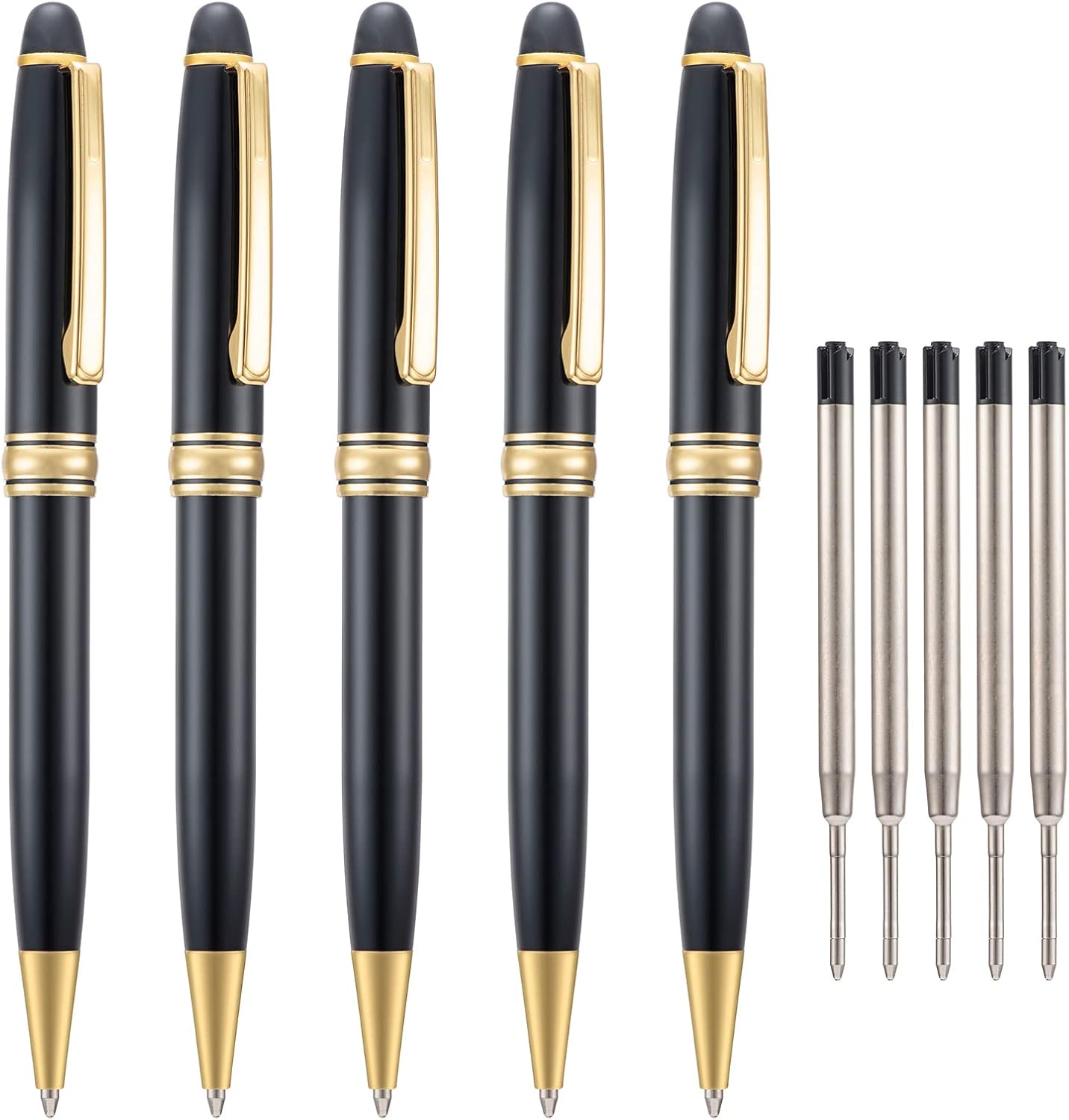 5 PCS Black Ballpoint Pens with Extra Refills Set, 1mm Medium Point Black Ink, Great Smooth Writing Metal Pen for Business Office Teacher Student Wedding Guest Gift (Gold Trim)