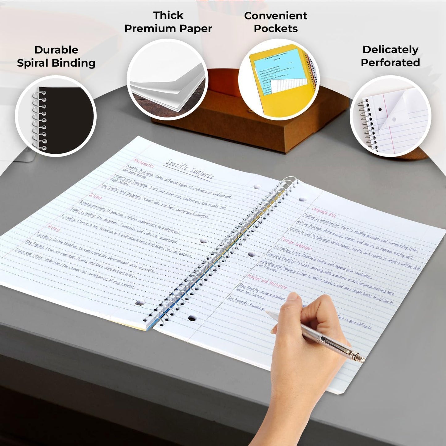 1 Subject Spiral Notebook, 50 Pack, College Ruled, Water Resistant Cover, Thick 140 Pages (70 Sheets), 8 x 10-1/2, 3 Hole Punched, Bulk School & Office, Black Cover