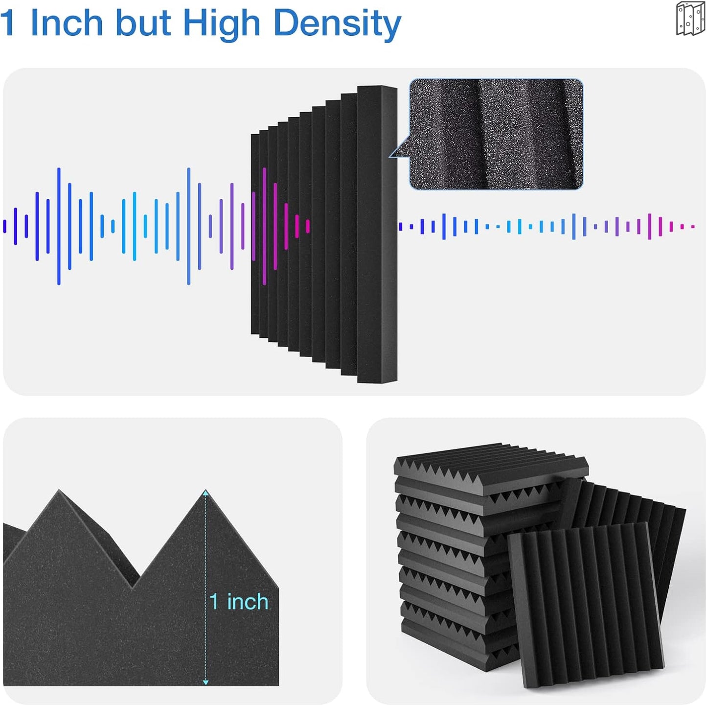 12 Pack Sound Proof Foam Panels for Walls,Self-Adhesive Foam Acoustic Panels Sound Absorbing,High Density Quick-Recovery Soundproof Wall Panels 12" X 12" X 1"-Black and Blue