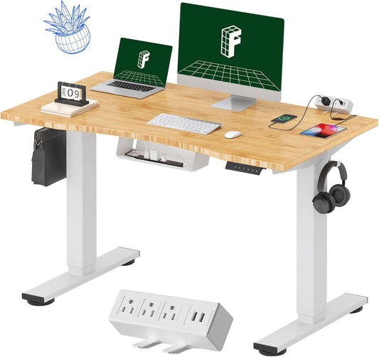 FLEXISPOT EN2 Whole-Piece Bamboo Standing Desk with Clamp Power Strip, 48 x 24 Electric Stand Up Height Adjustable Desk with Cable Management (White Frame + 48" Bamboo Top, 2 Packages)