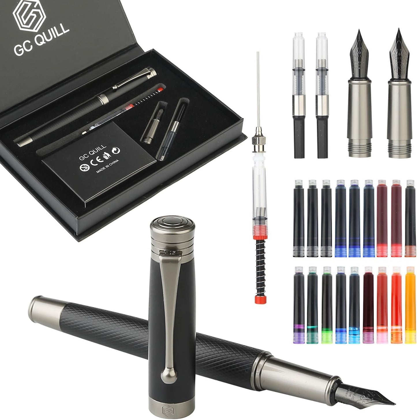 GC QUILL Fountain Pen Set - Fine & Medium Nibs, Includes 18 Ink Cartridges, Ink Refill Converter & Syringe Filler, Gift for Writing, Journaling & Calligraphy MU-13