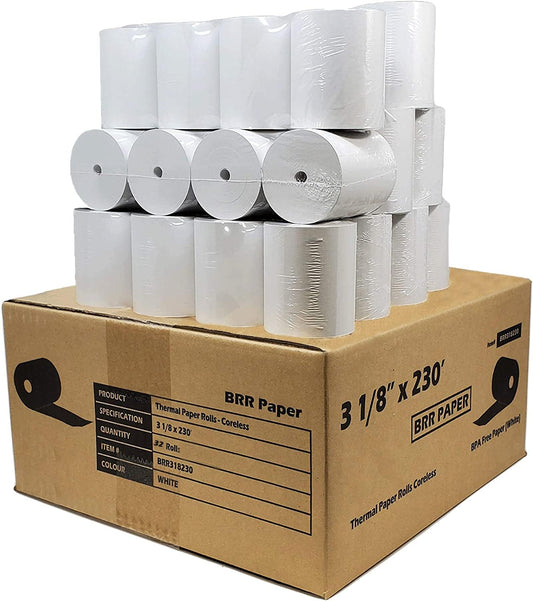 (32 Rolls - 55 GSM Coreless) 3 1/8 x 230 Thermal Paper Receipt Rolls fits all Clover POS Cash Register Printers SCP700 TSP100 TSP300 TSP400 TSP500 TSP600 TSP 700 TSP2000 S300 from BuyRegisterRolls
