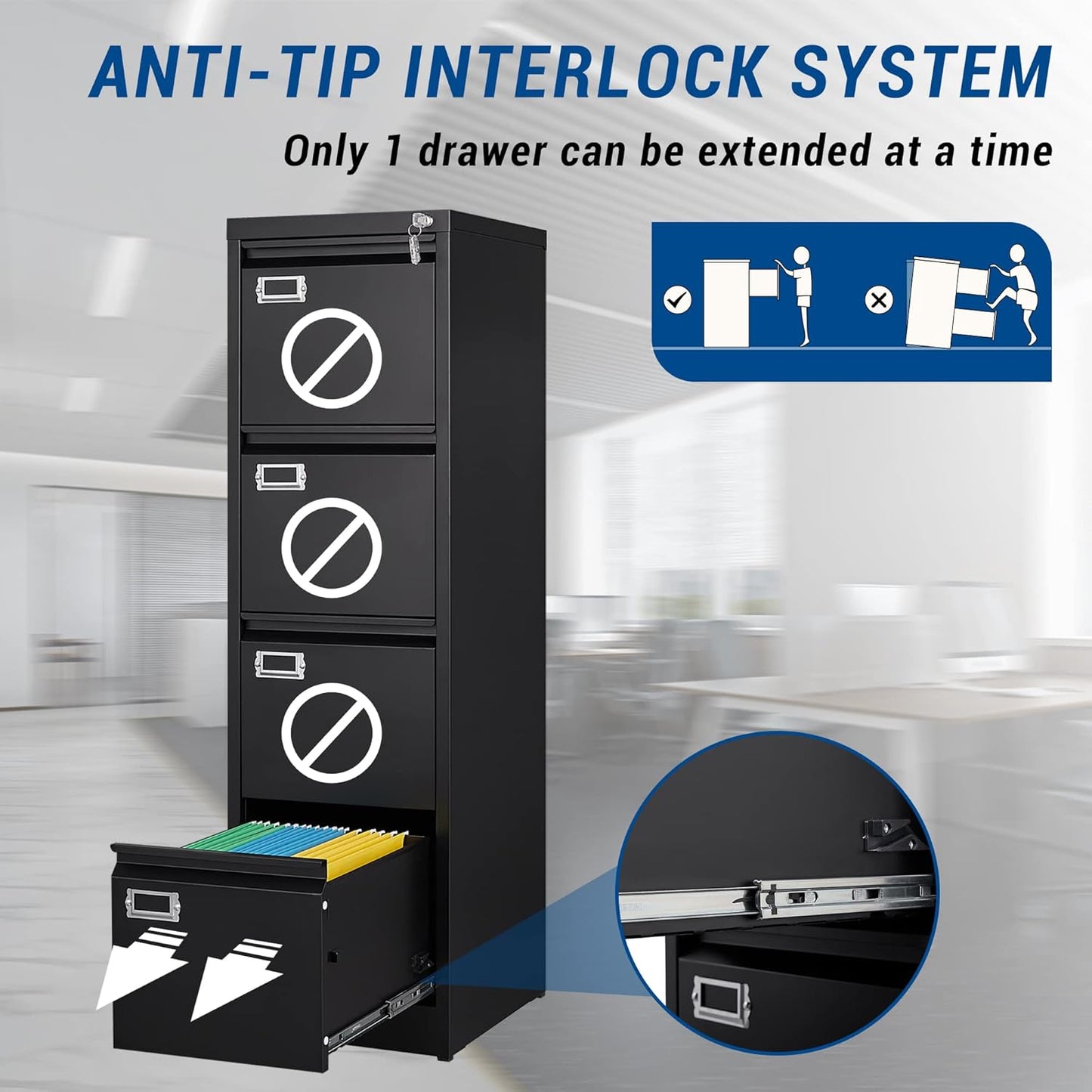 File Cabinet - 4 Drawers Vertical 17.8" Deep Lockable Filing Cabinet Black Metal Storage Cabinets for Home Office to Hanging Files Letter/Legal/F4/A4 Size