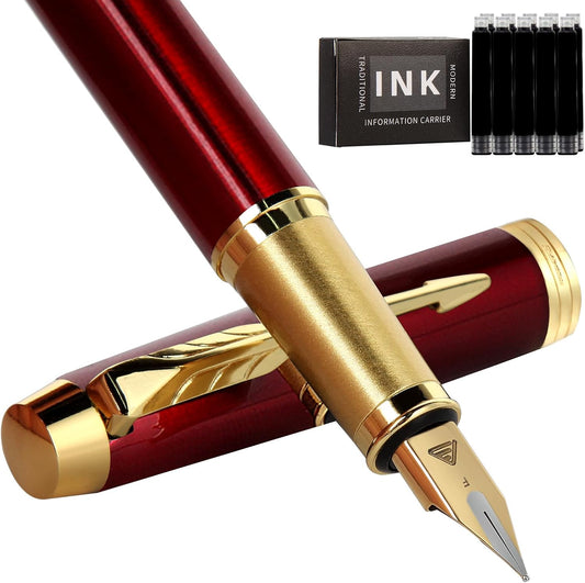 Fountain Pen, luxury Fine point smooth writing pens for journaling fancy pen with Gift Case 8 black ink cartridges an ink converte an EF nib nice pens writer gifts-Matte Red