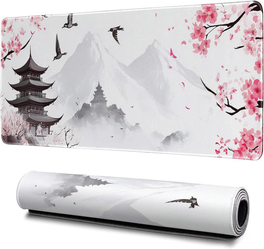 Retro Pagoda Cherry Blossom Watercolor Mouse Pad Abstract Big Mouse Pad 31.5x11.8 Inch Texture Non-Slip Rubber Base Large Mousepad Stitched Edges Keyboard Mouse Mat Desk Pad for Office and Home
