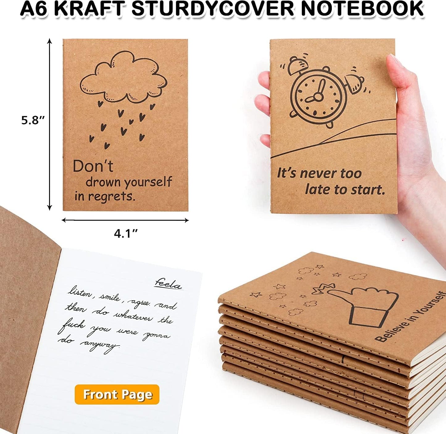 feela 8 Pack Cute Kraft Notebooks, 8 Designs Mini Pocket A6 Notebook Journal Notepad, Lined Small Motivation Blank Journal Bulk for Women Kids Students Gift School Supplies, 4.1X5.8 in, 80 Pages