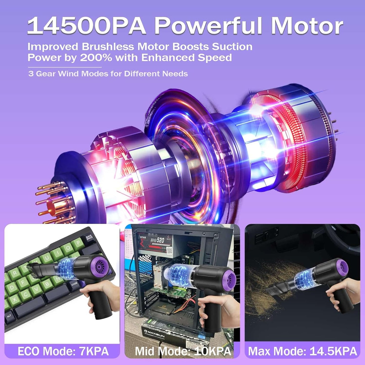 14500PA Computer Vacuum Cleaner Keyboard Cleaner Compressed Air Duster - Cordless Handheld Mini Vacuum for PC/Laptop Cleaning - Portable Air Duster for Car/Home/Office