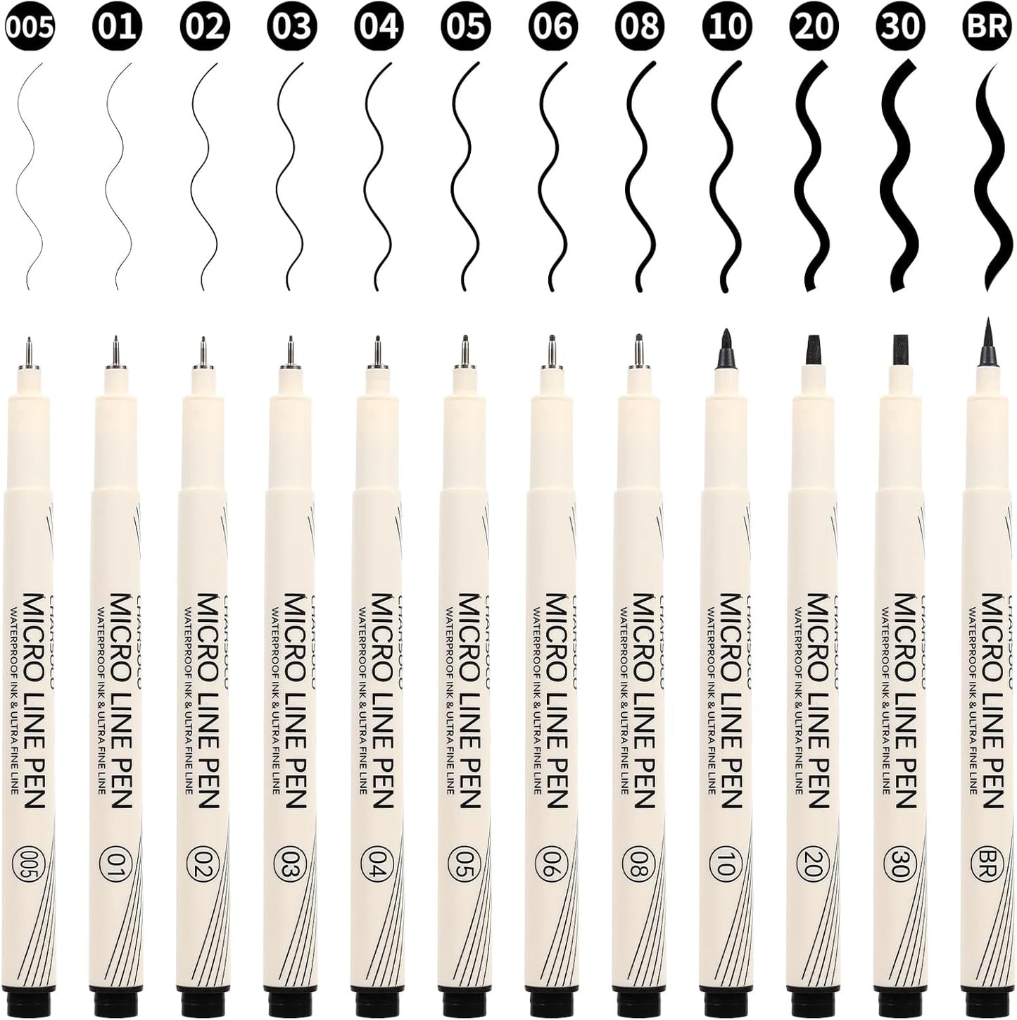 Black Micro Pens Set - 12 Sizes (0.23mm to 5mm), Waterproof Archival Ink, Fine Point Pens for Artists, Illustrators, Sketching, Anime, Manga & Technical Drawing