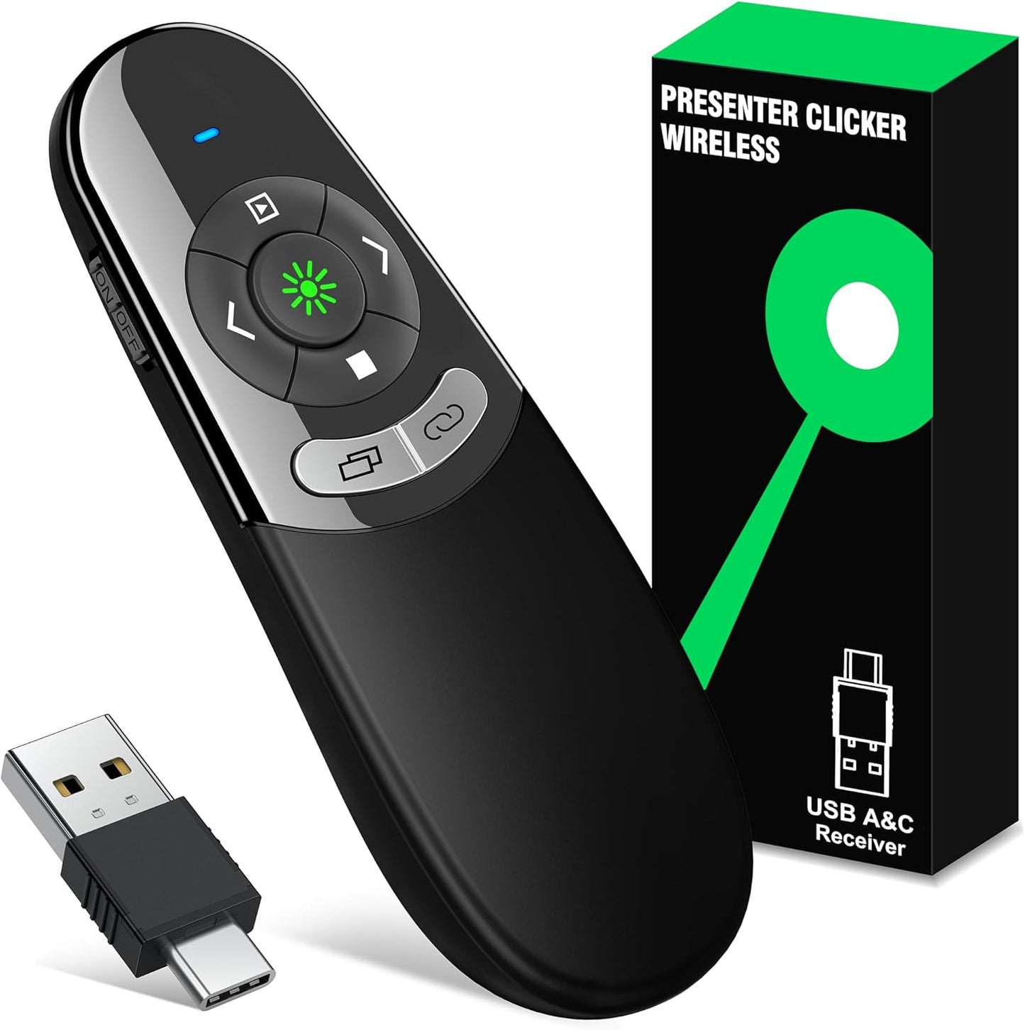 2 in 1 USB Type C Presentation Clicker with Green Laser Pointer, Wireless Presenter for PowerPoint Presentation PPT Clicker, 2.4GHz Presenter Remote Slide Advancer for MacBook/Computer