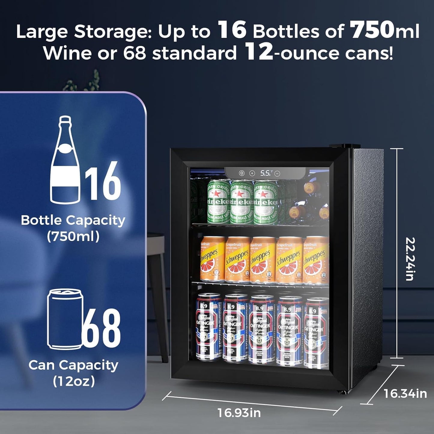 1.7 Cu.ft Beverage Refrigerator Cooler, 68 Can Mini Fridge Glass Door with Adjustable Shelves, Digital Temperature Display, Freestanding Small Drink Fridge for Home, Office or Bar(Black)