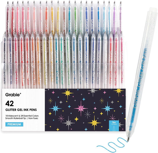 42 Glitter Gel Pen Set, 18 Iridescent&24 Essential Color Pens, Smooth Rollerball Tip, Metallic Sparkly Gel Pens for Coloring (42 Colors Capped Glitter Gel Pens)