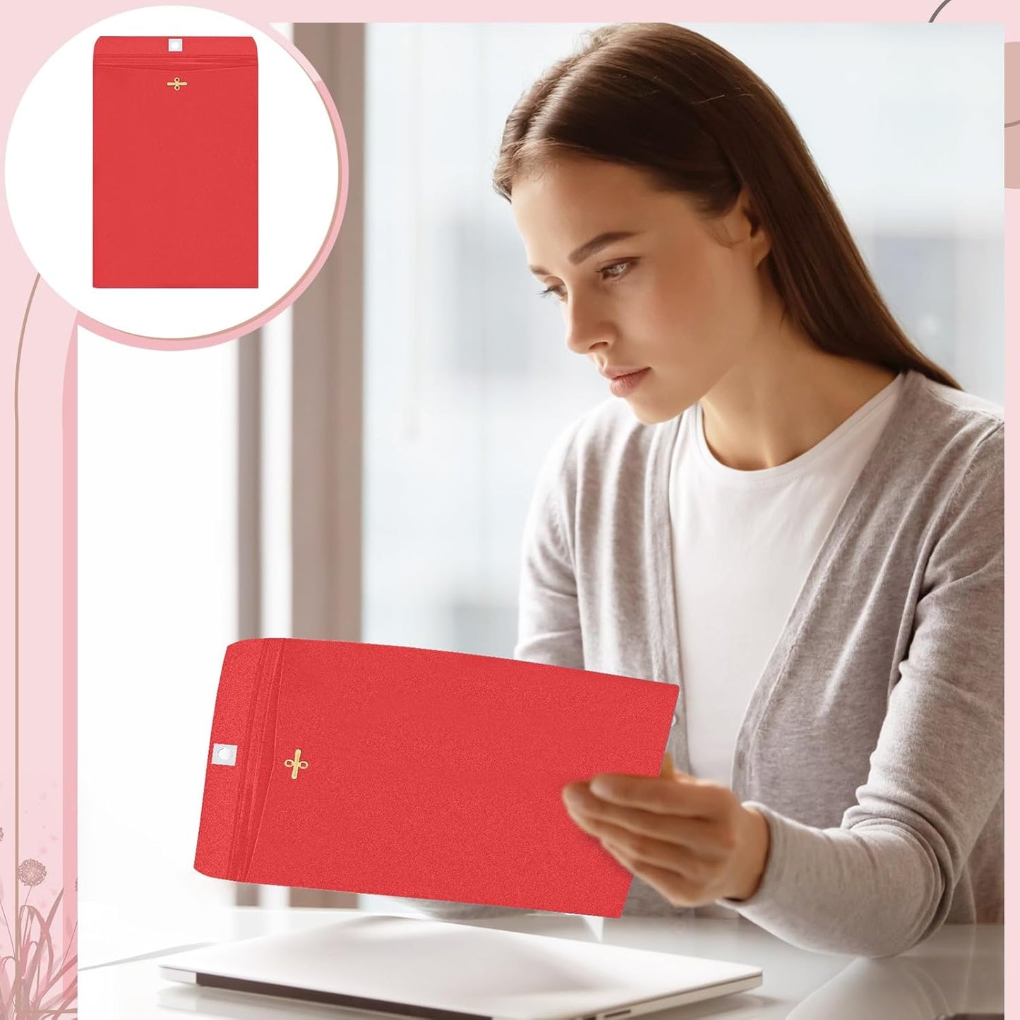 Geyee 100 Pcs Clasp Manilla Envelopes 6 x 9 Inch Gummed Colored Envelopes for Storing or Mailing for Home Office Business Supplies(Red)