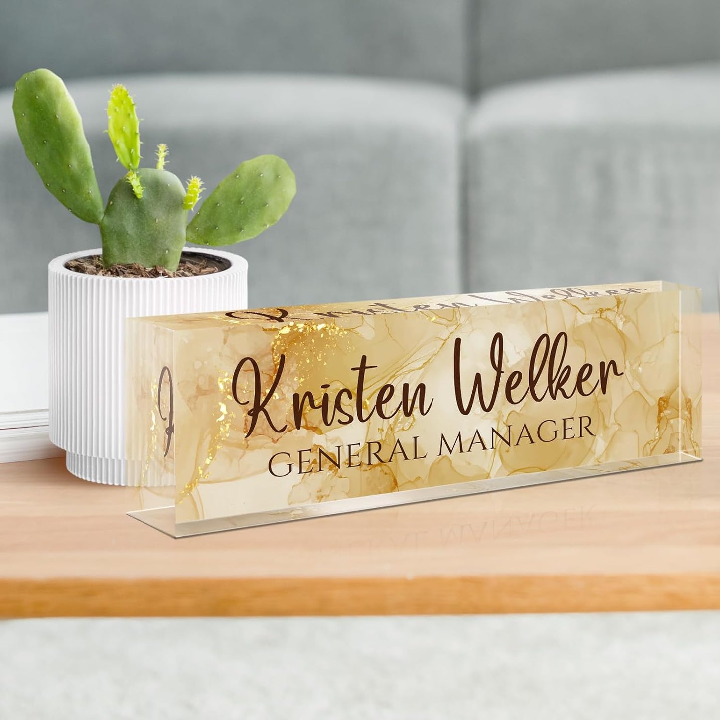 Gowellly Desk Name Plate Personalized - Custom Acrylic Name Plate for Desk - Enterprise Custom Logo/Text nameplates - Employee Appreciation Gifts (Golden Gilt)