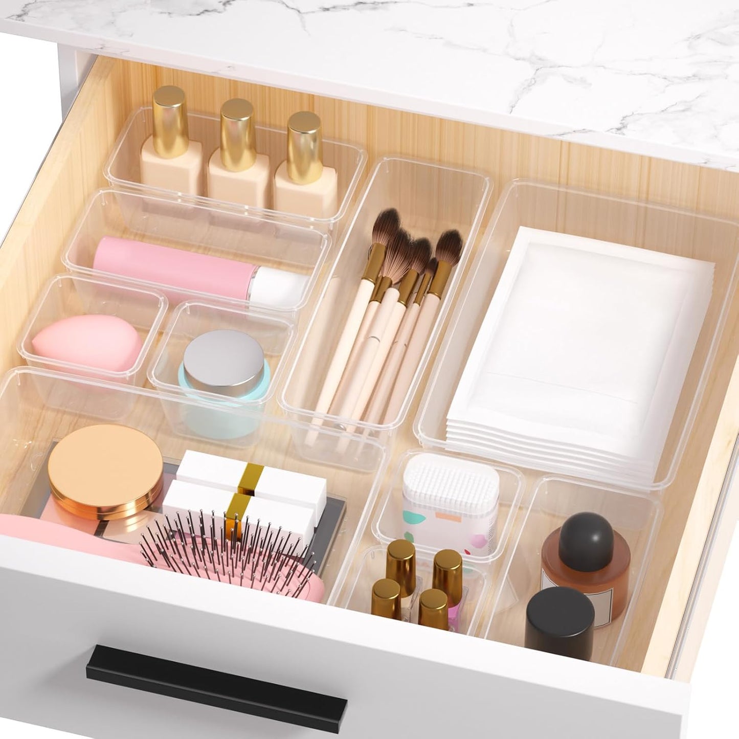 72 PCS Plastic Drawer Organizer Set, 4-Size Clear Bathroom and Vanity Desk Drawer Organizer Trays, Non-Slip Versatile Storage Divider Bins for Makeup Jewelry Bedroom Office Kitchen Gadgets