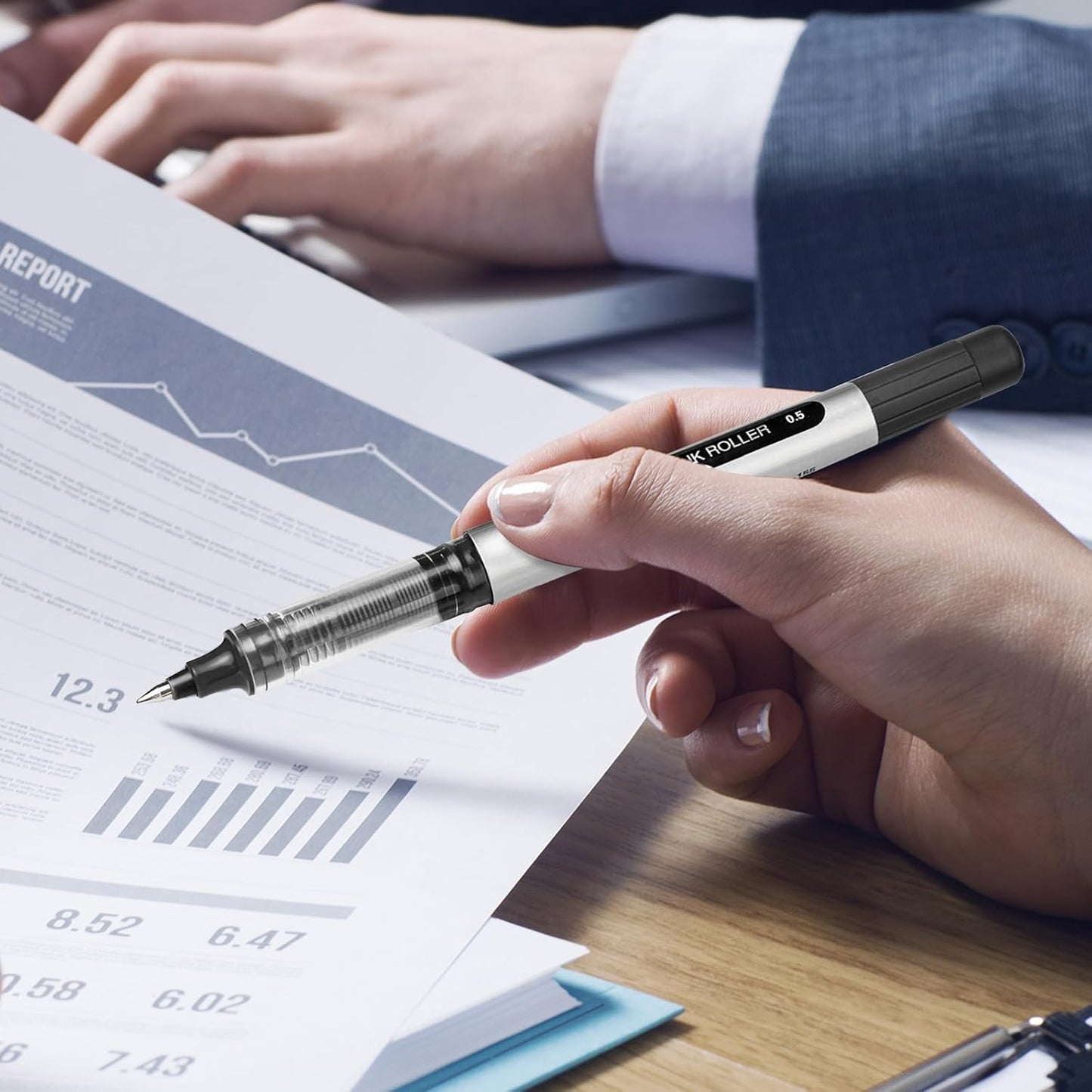 EYEYE Rollerball Pens Black 0.5mm, 8 Pack Extra Fine Point Quick Dry, Liquid Ink Pens Fine Point Smooth Writing Pen for Journaling, Note Taking, Office, School Supplies