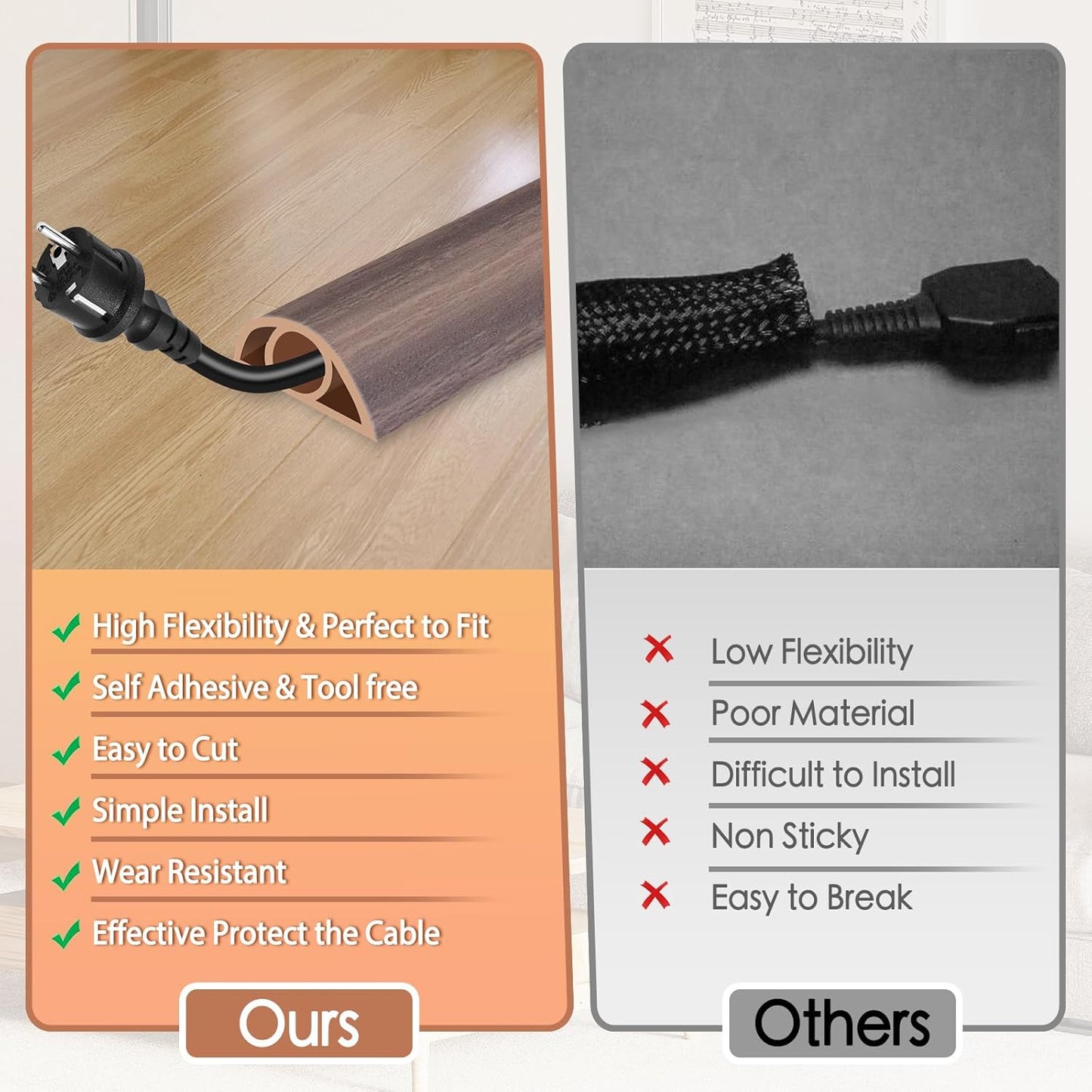 Floor Cord Cover for Wires on Floor Self Adhesive Cord Hider Floor Cable Management Wire Covers for Cords Protector Prevent Cable Trips Cord Cavity W 0.32" x H 0.32", Grayish Brown Wood, 10Ft