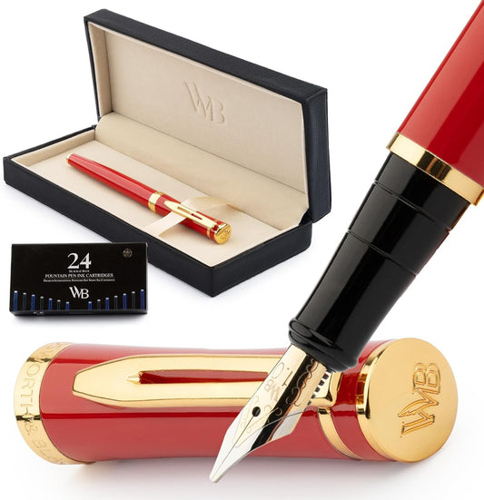 Wordsworth & Black Fountain Pen Set, 18K Gilded Broad Nib, Includes 24 Pack Ink Cartridges, Ink Refill Converter & Gift Box, Gold Finish, Calligraphy, [Crimson Red], Perfect for Men & Women